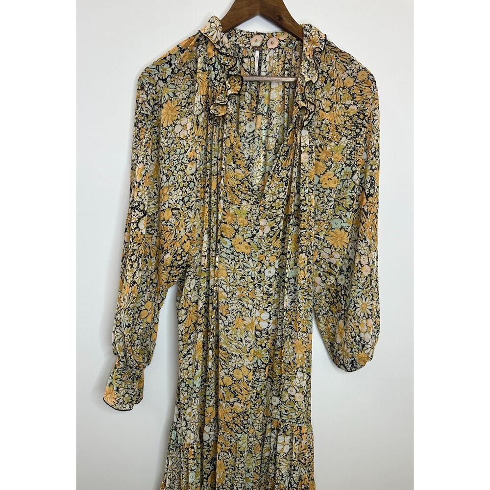 Free People Feeling Groovy Maxi Dress Yellow Floral Sheer Tiered LS Size Medium - Picture 4 of 16